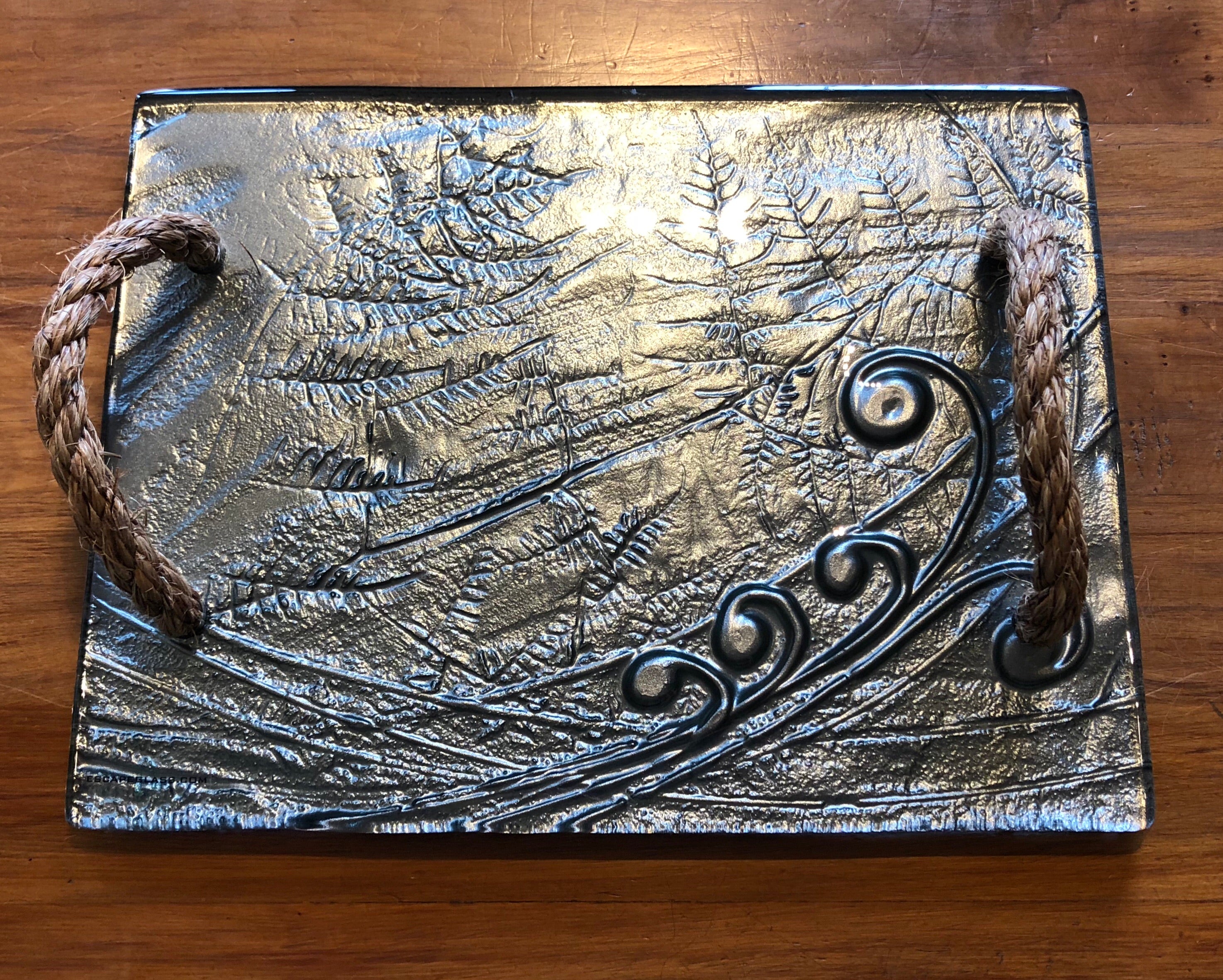 Gunmetal Grey Koru Fern glass print tray serveware platter with rope handles 