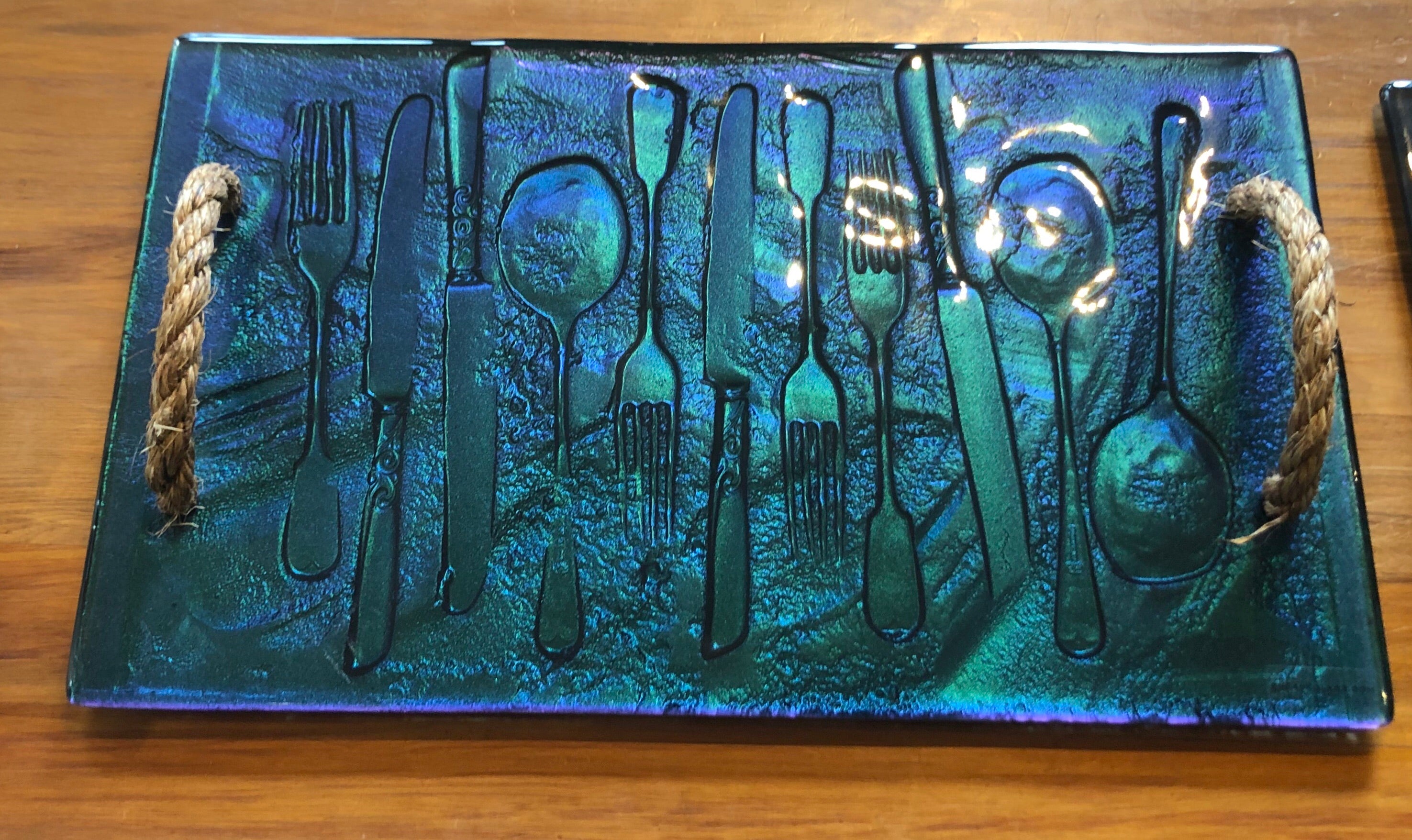 giftware homeware serveware grazing platter rope handle tray glass handmade in New Zealand Koru Fern Kaleidoscope kiwiana
