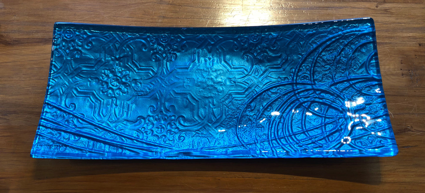 Turquoise blue conformity Blue Long Sushi platter glass tray serveware made in NZ New Zealand