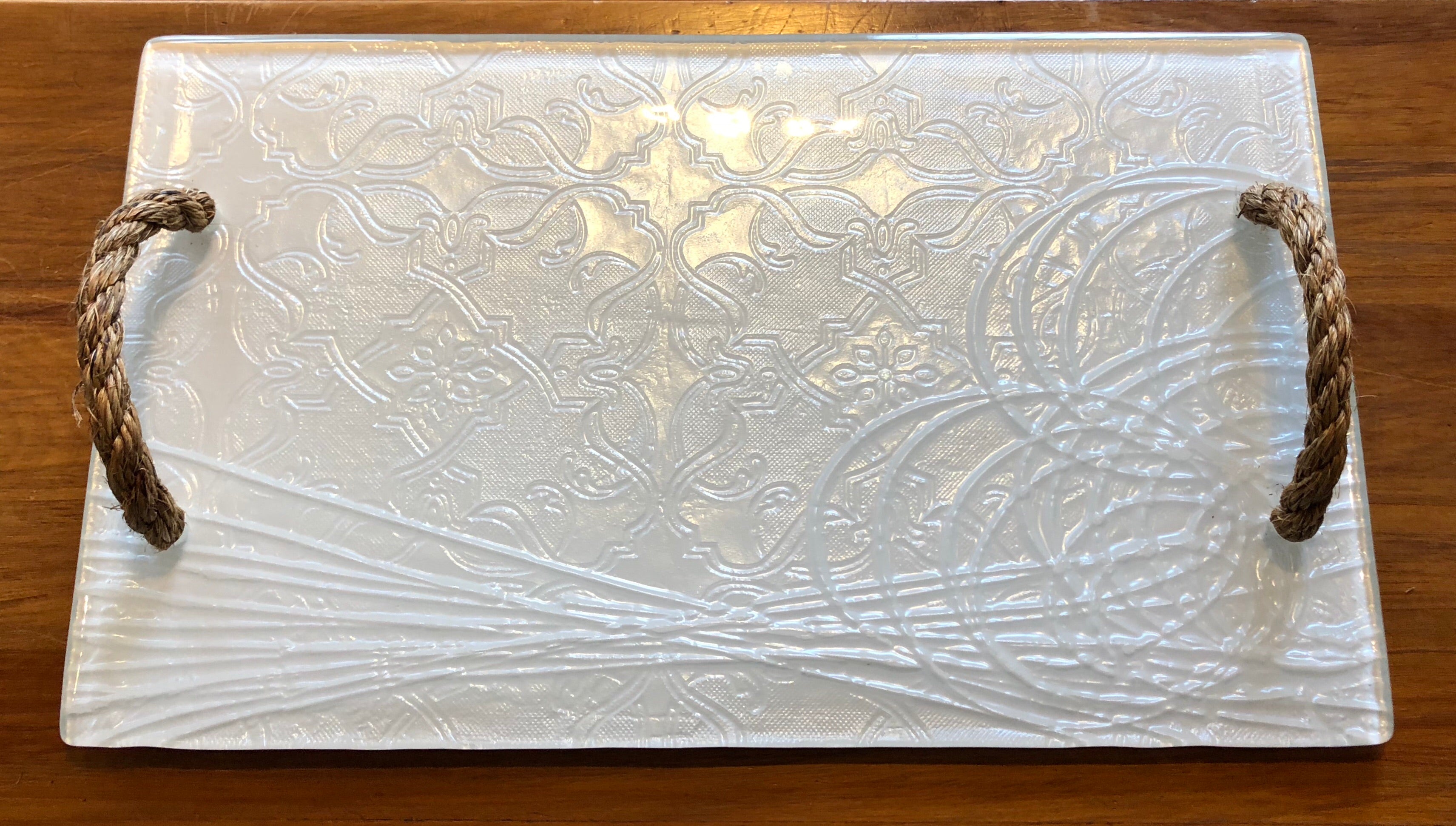 White conformity large Glass print tray serveware platter with rope handles 